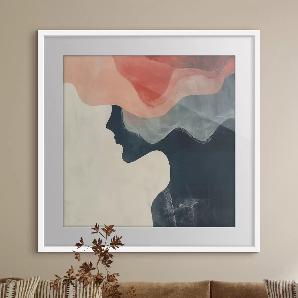 Poster Silhouette féminine abstraite avec des vagues corail et bleues, dans un style minimaliste f48882