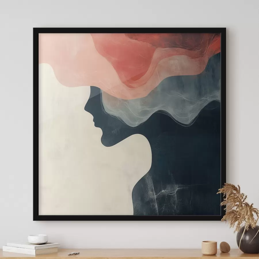 Papier peint Silhouette féminine abstraite avec des vagues corail et bleues, dans un style minimaliste f48882