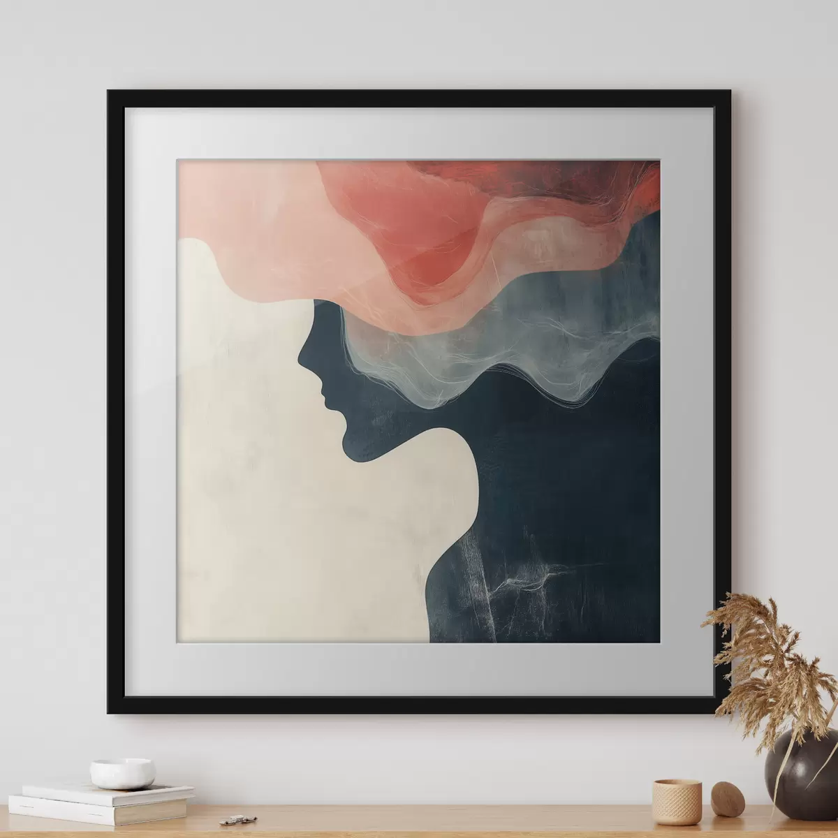 Poster Silhouette féminine abstraite avec des vagues corail et bleues, dans un style minimaliste f48882