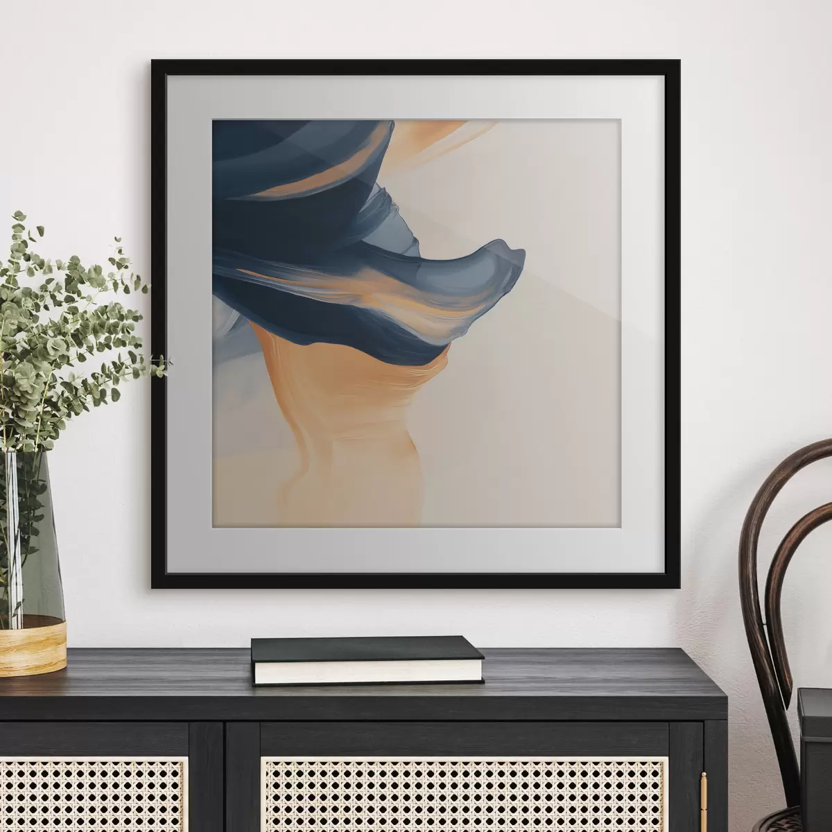 Poster Composition aux tons bleu profond et pêche chaleureux, dans un style pictural contemporain f48883