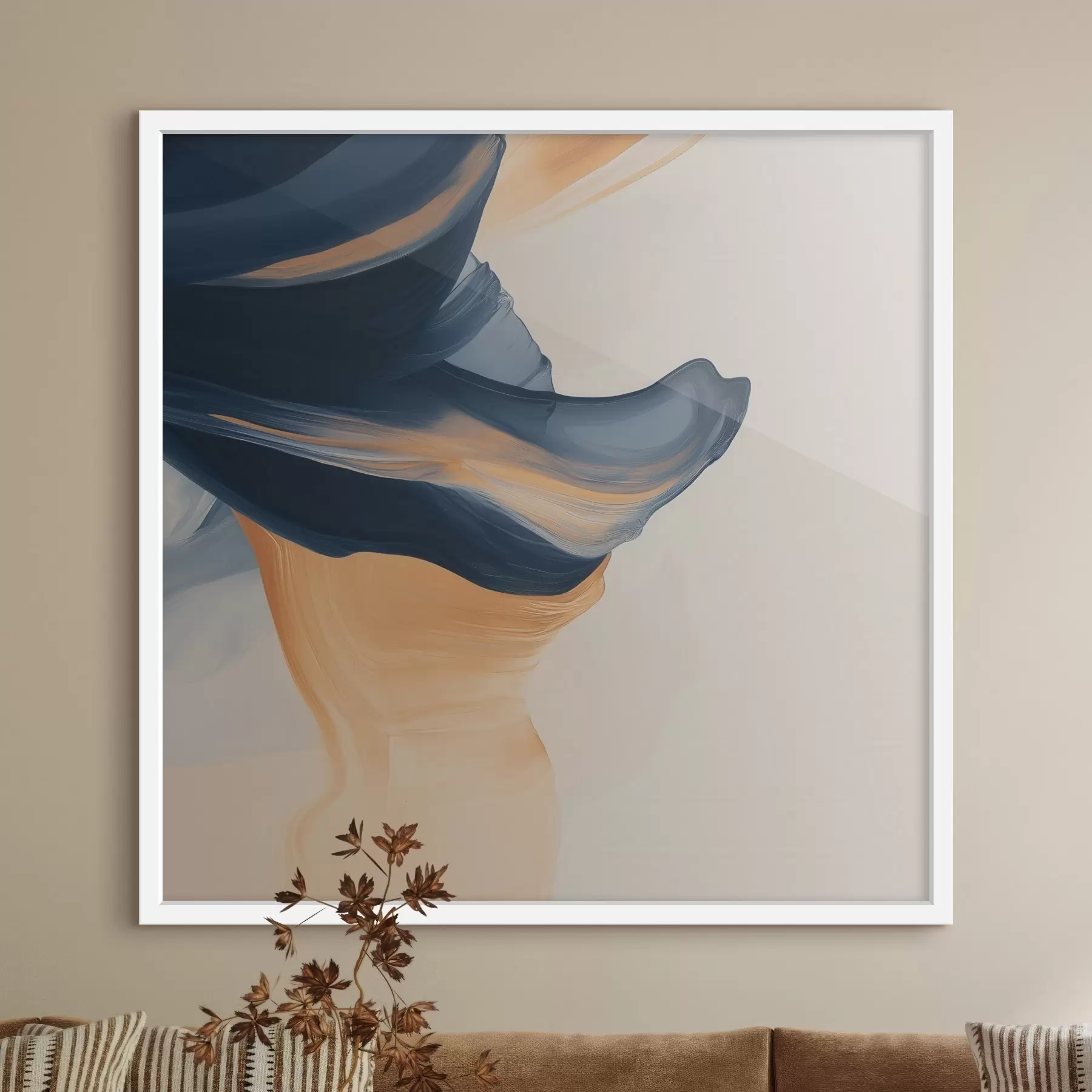 Papier peint Composition aux tons bleu profond et pêche chaleureux, dans un style pictural contemporain f48883