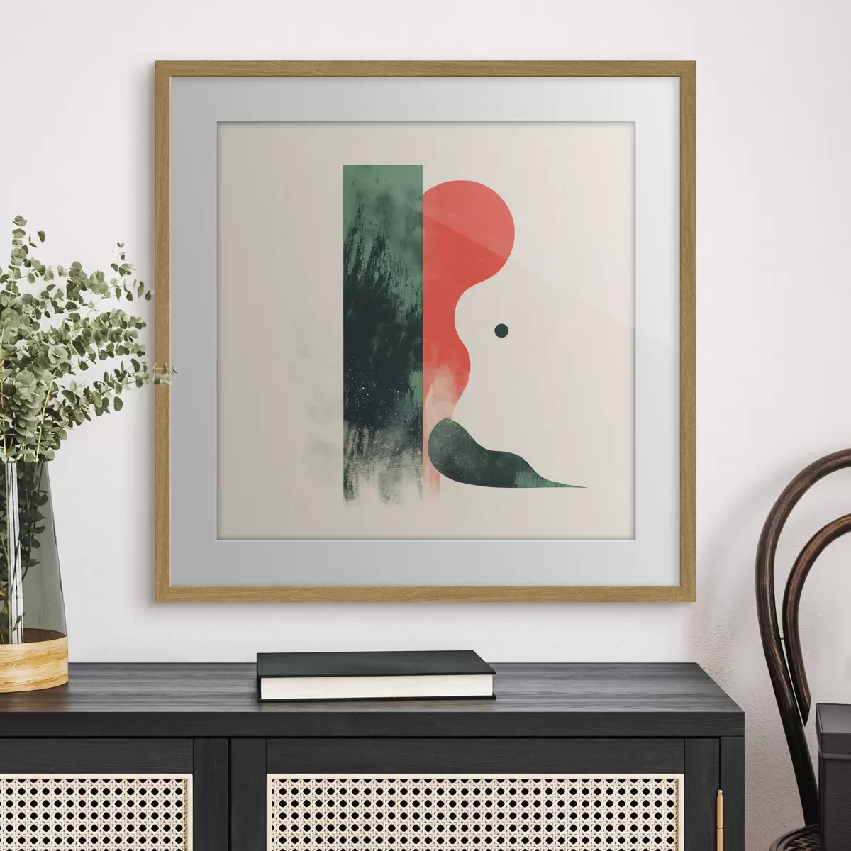 Poster Composition géométrique contemporaine avec des motifs abstraits rouges et verts f48888