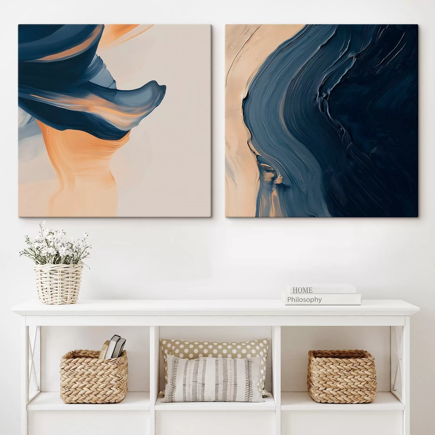 Tableau Une composition abstraite décorative aux lignes fluides et dynamiques, sur un fond bleu-beige contrasté m30368