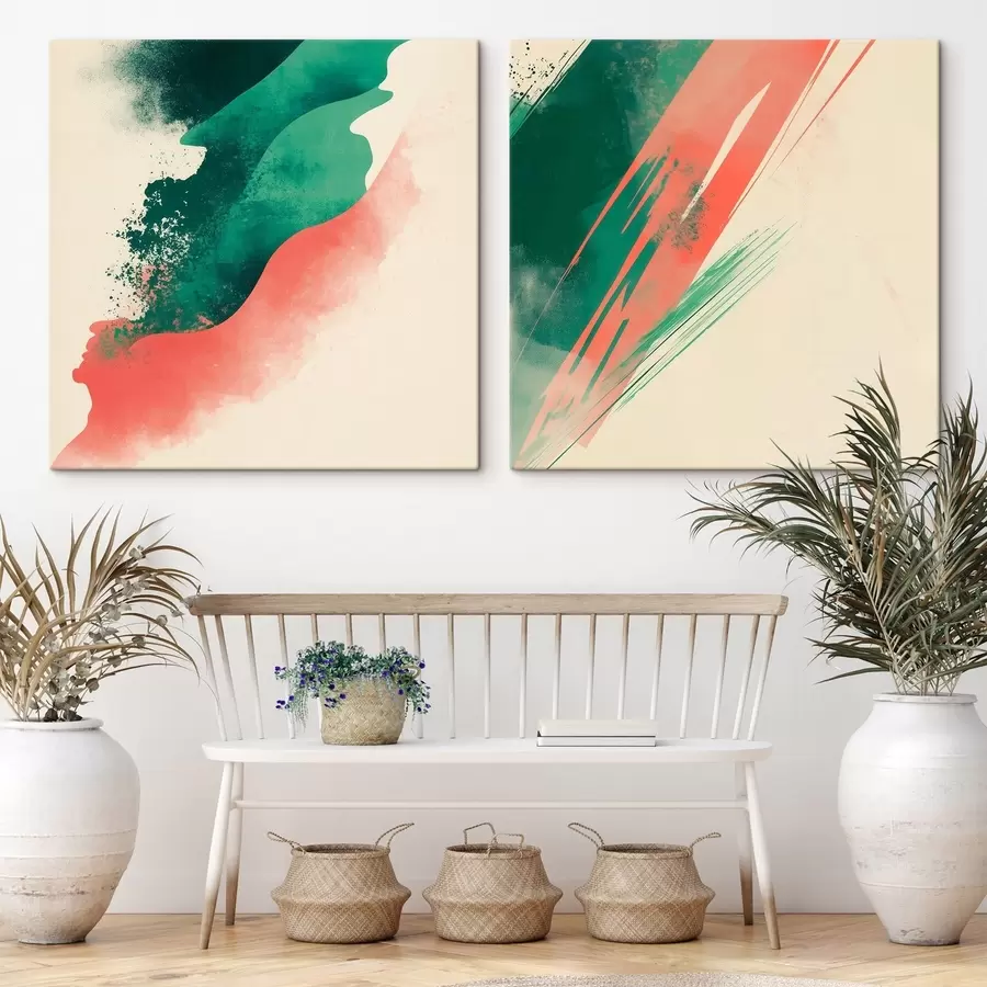 Tableau Diptyque abstrait composé de touches expressives de corail et d'émeraude sur un fond clair m30369