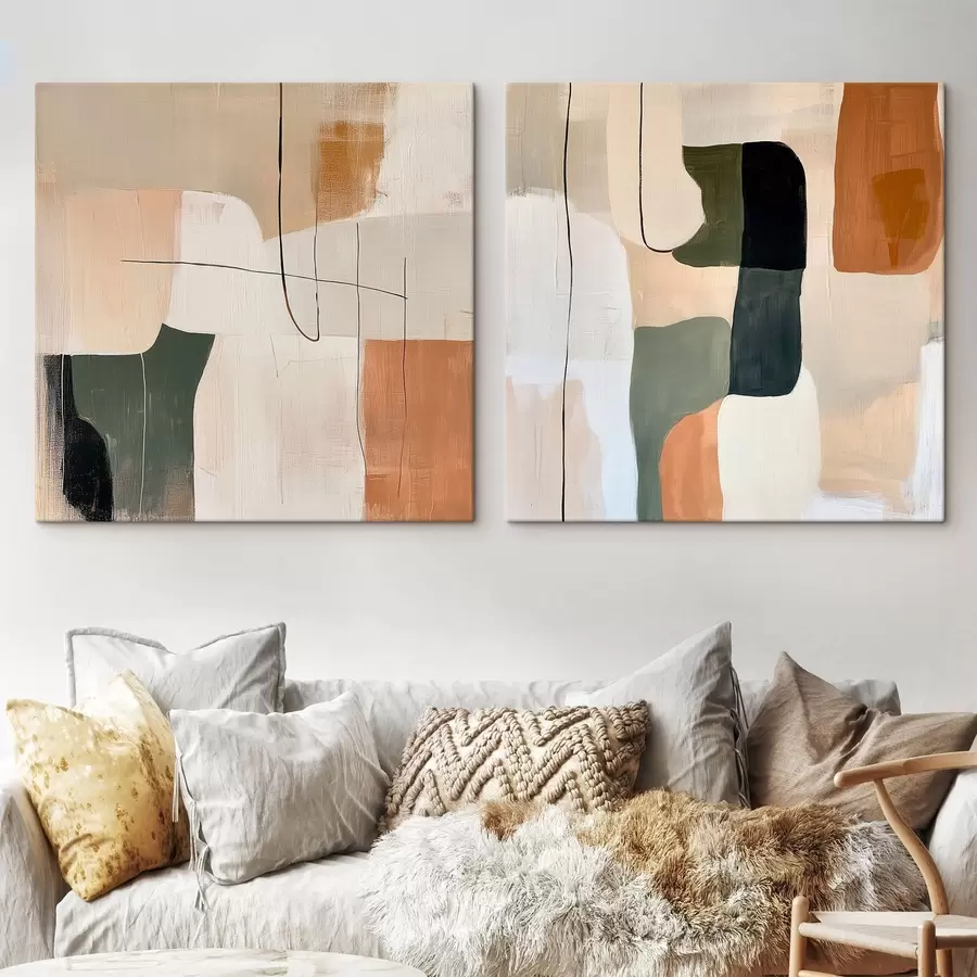 Tableau Diptyque géométrique abstrait dans une palette de tons beiges et terracotta chauds, rehaussée de touches olive m30371