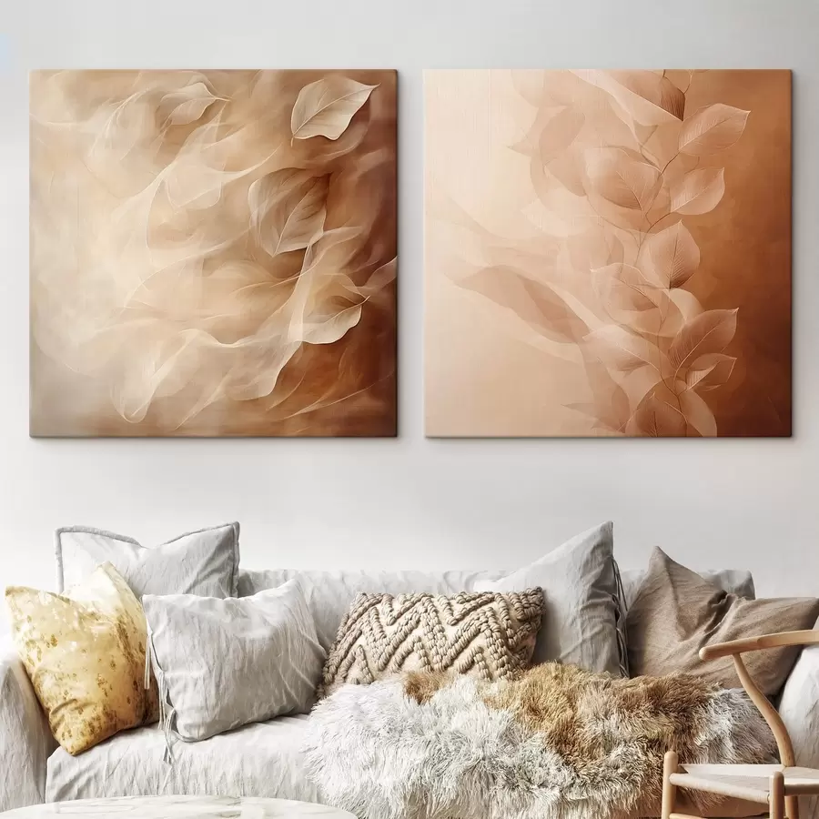 Tableau Diptyque floral aux feuilles semi-transparentes, dans des tons chauds de brun café m30372