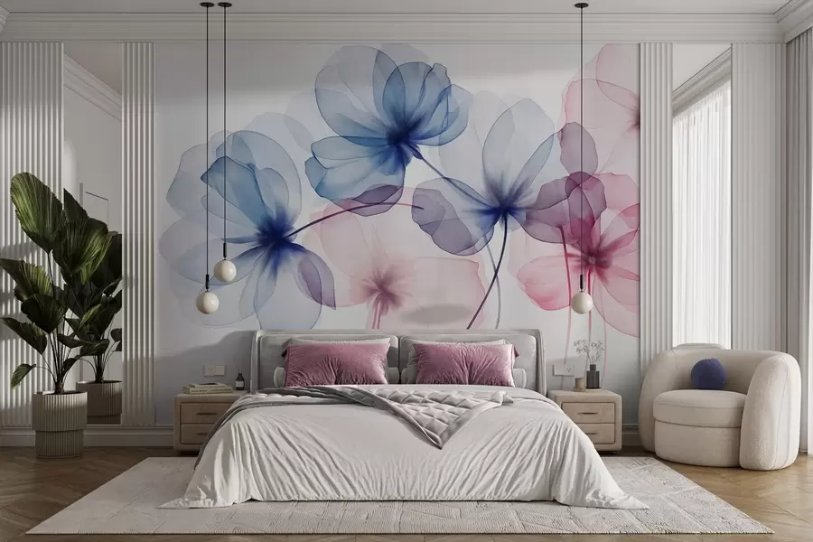 Papier peint Fleurs bleues et roses translucides et texturées sur fond clair, dont les pétales délicats se chevauchent w09892