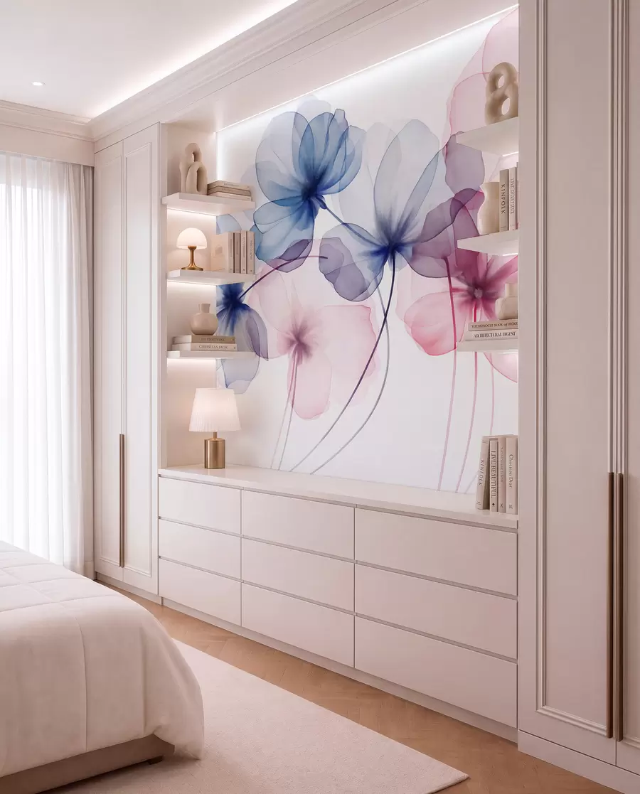 Papier peint Fleurs bleues et roses translucides et texturées sur fond clair, dont les pétales délicats se chevauchent w09892