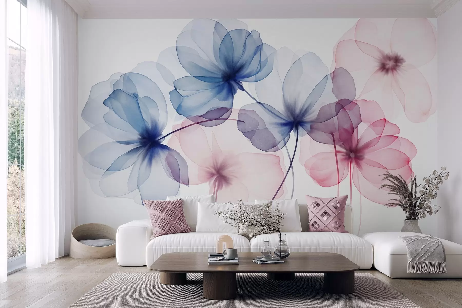 Papier peint Fleurs bleues et roses translucides et texturées sur fond clair, dont les pétales délicats se chevauchent w09892