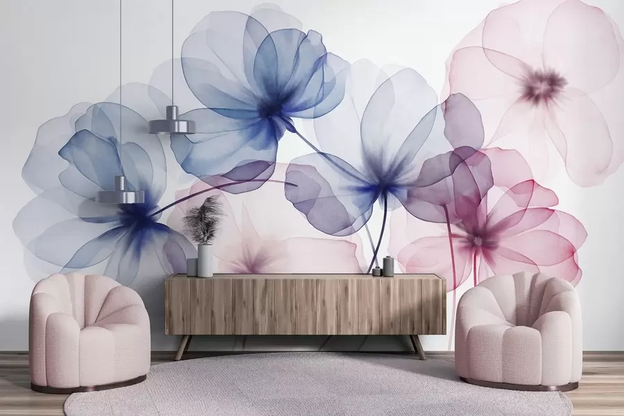 Papier peint Fleurs bleues et roses translucides et texturées sur fond clair, dont les pétales délicats se chevauchent w09892