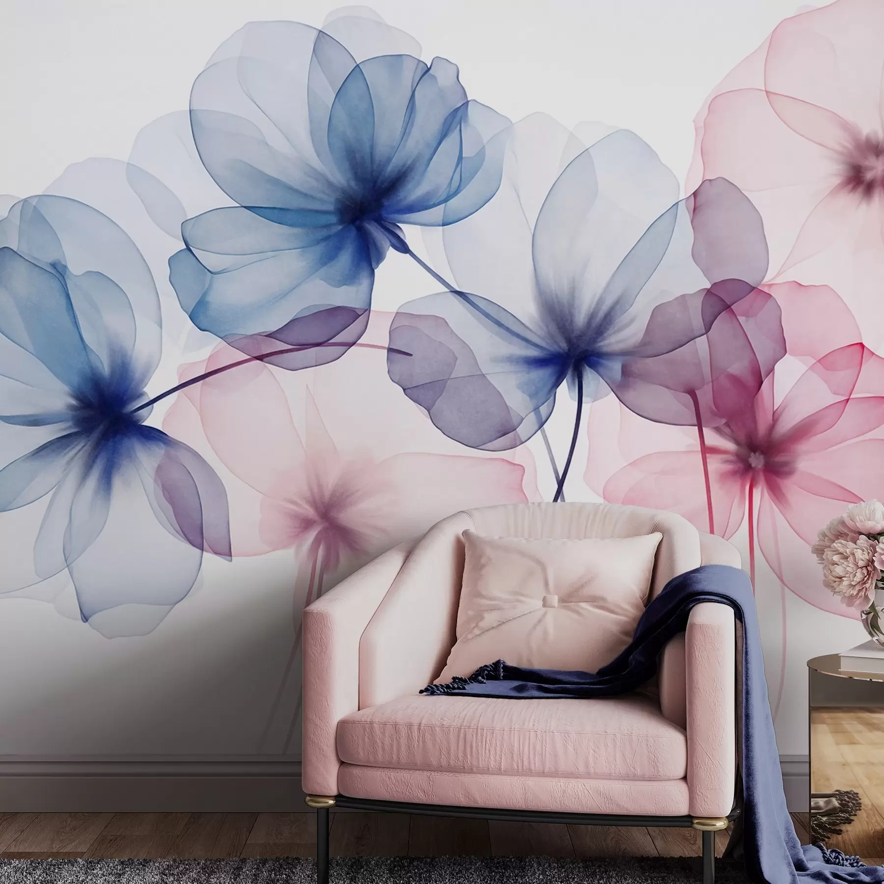Papier peint Fleurs bleues et roses translucides et texturées sur fond clair, dont les pétales délicats se chevauchent w09892