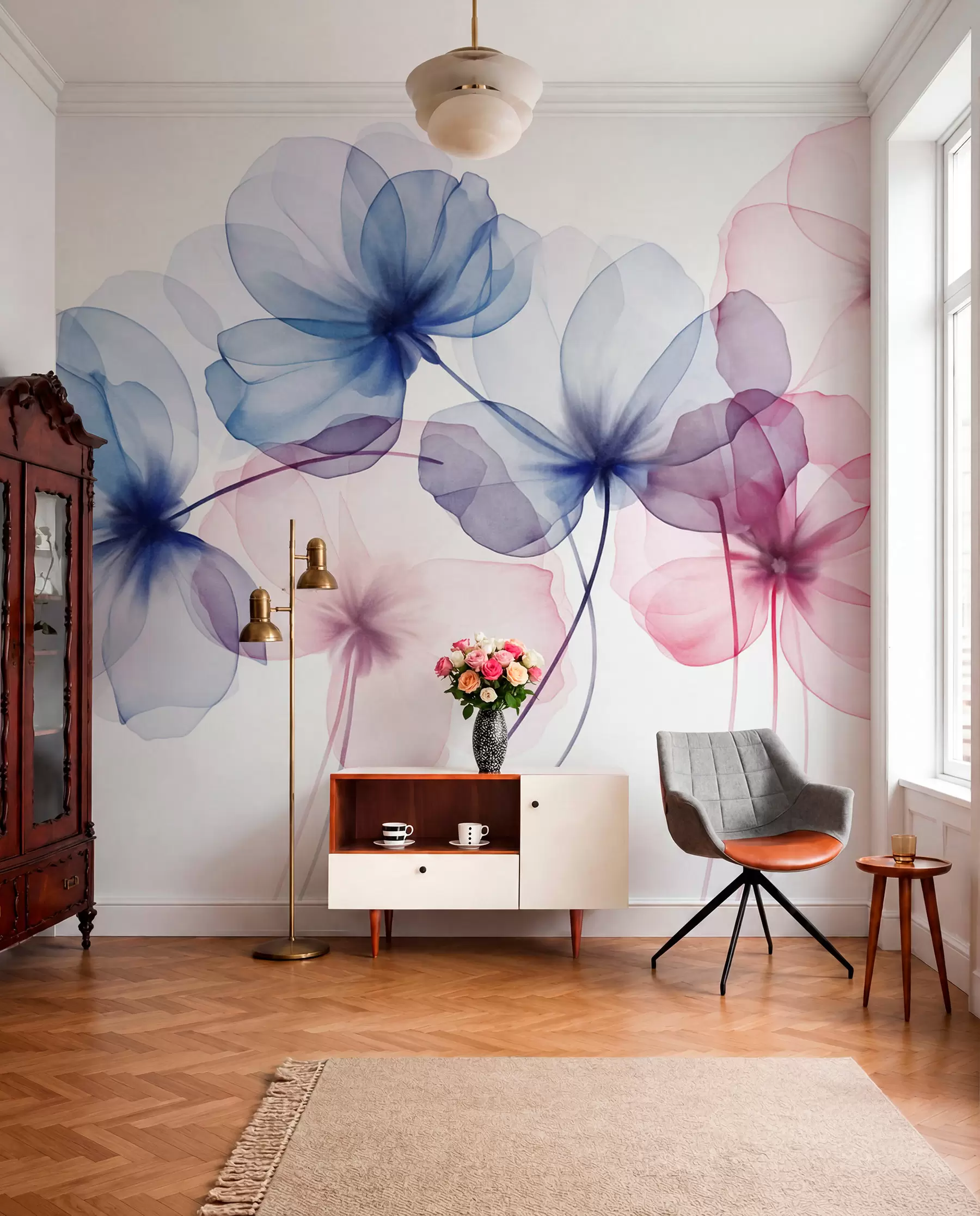 Papier peint Fleurs bleues et roses translucides et texturées sur fond clair, dont les pétales délicats se chevauchent w09892