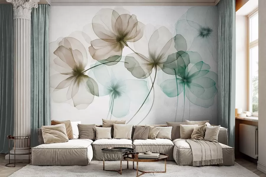 Papier peint Fleurs vertes et marron translucides et texturées sur fond clair, dont les pétales délicats se chevauchent w09892v1
