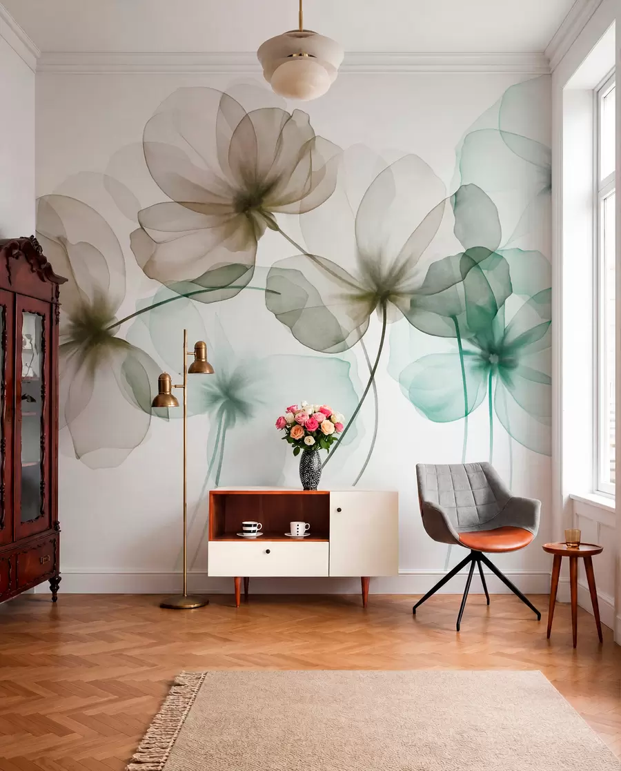 Papier peint Fleurs vertes et marron translucides et texturées sur fond clair, dont les pétales délicats se chevauchent w09892v1