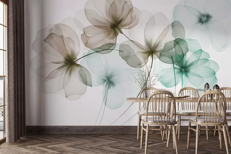 Papier peint Fleurs vertes et marron translucides et texturées sur fond clair, dont les pétales délicats se chevauchent w09892v1