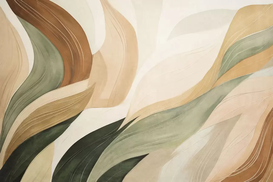 Papier peint Des formes organiques abstraites dans des tons terreux de vert, marron et beige, aux textures fluides w09894