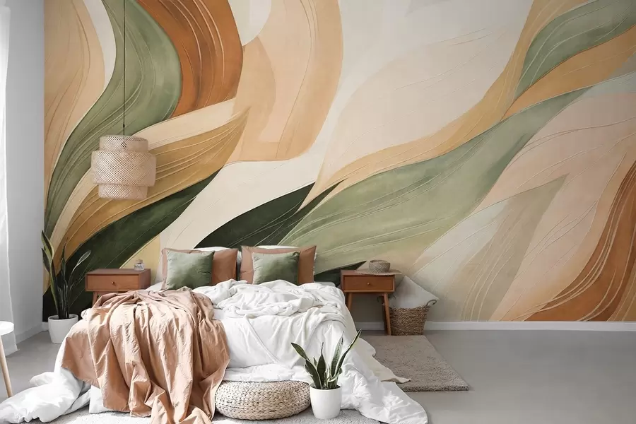 Papier peint Des formes organiques abstraites dans des tons terreux de vert, marron et beige, aux textures fluides w09894
