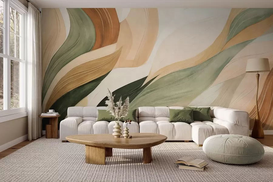Papier peint Des formes organiques abstraites dans des tons terreux de vert, marron et beige, aux textures fluides w09894