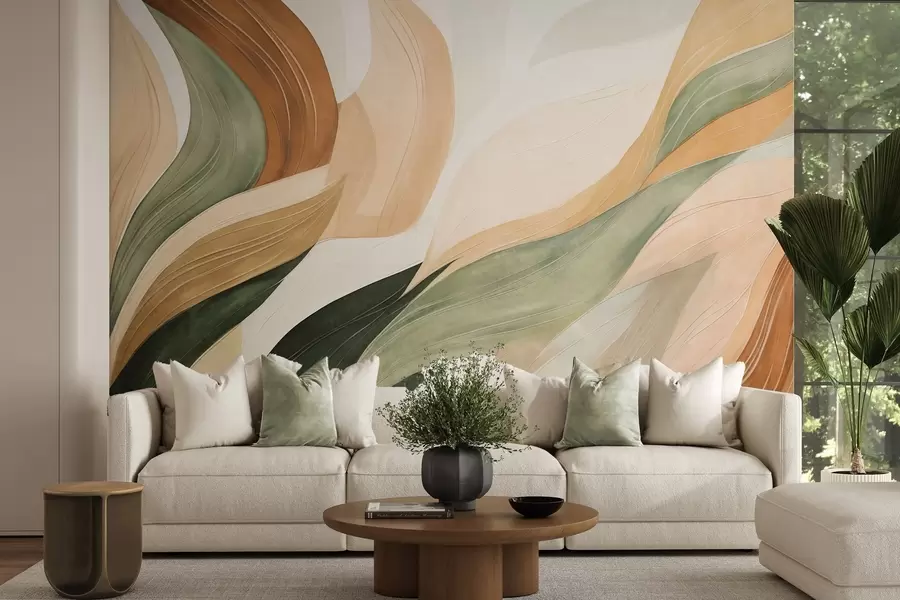 Papier peint Des formes organiques abstraites dans des tons terreux de vert, marron et beige, aux textures fluides w09894