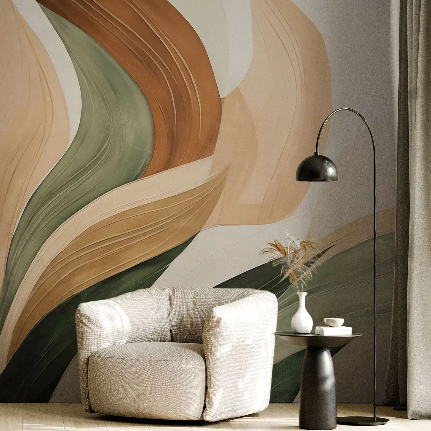 Papier peint Des formes organiques abstraites dans des tons terreux de vert, marron et beige, aux textures fluides w09894