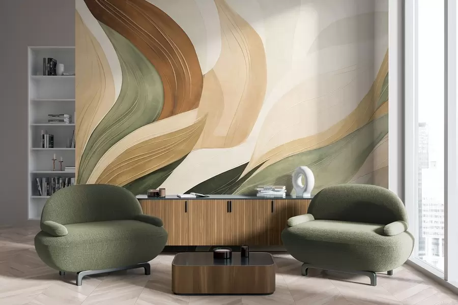 Papier peint Des formes organiques abstraites dans des tons terreux de vert, marron et beige, aux textures fluides w09894