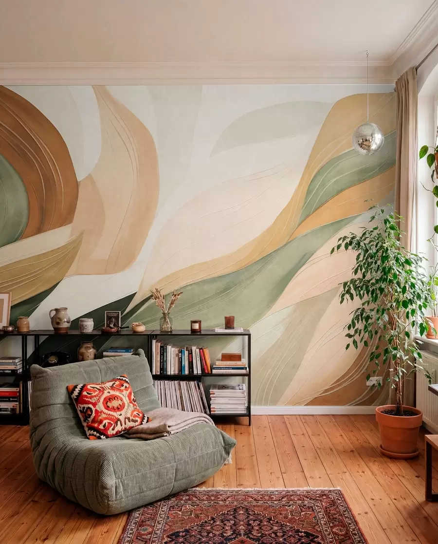 Papier peint Des formes organiques abstraites dans des tons terreux de vert, marron et beige, aux textures fluides w09894