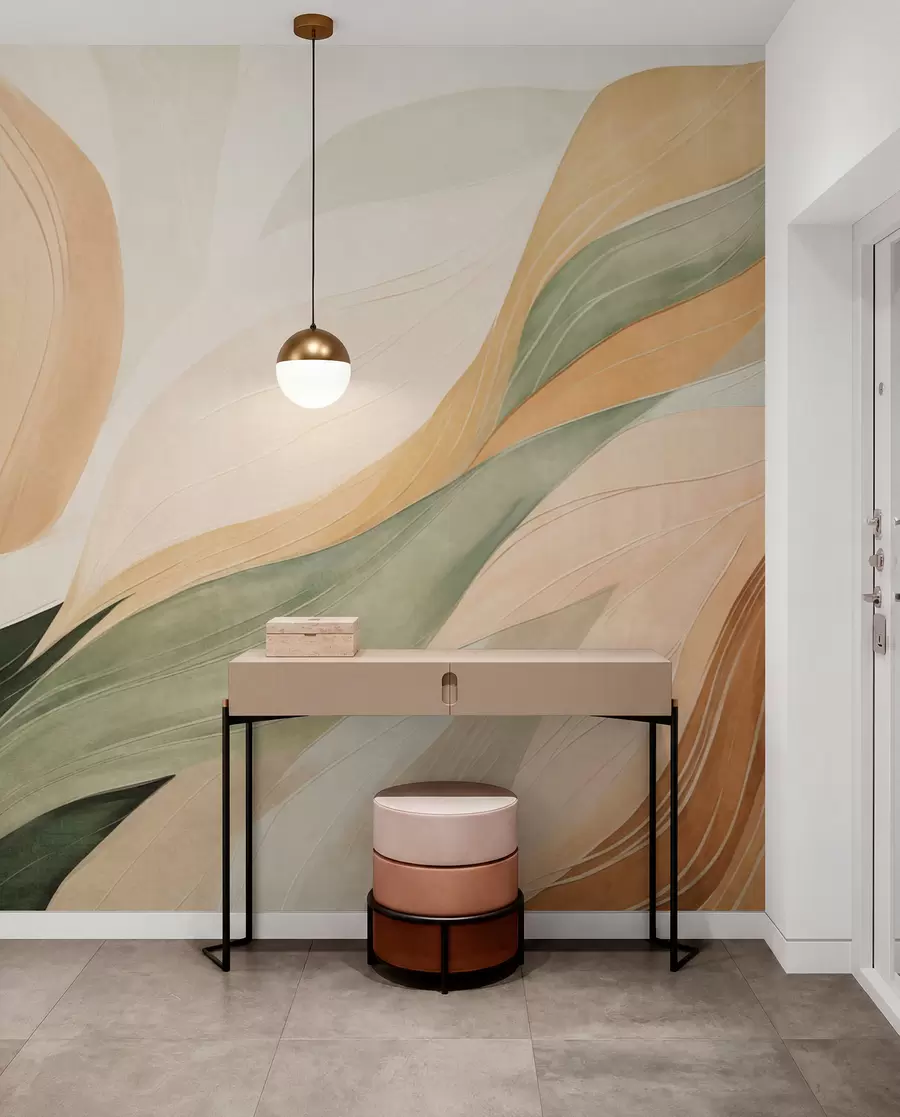 Papier peint Des formes organiques abstraites dans des tons terreux de vert, marron et beige, aux textures fluides w09894