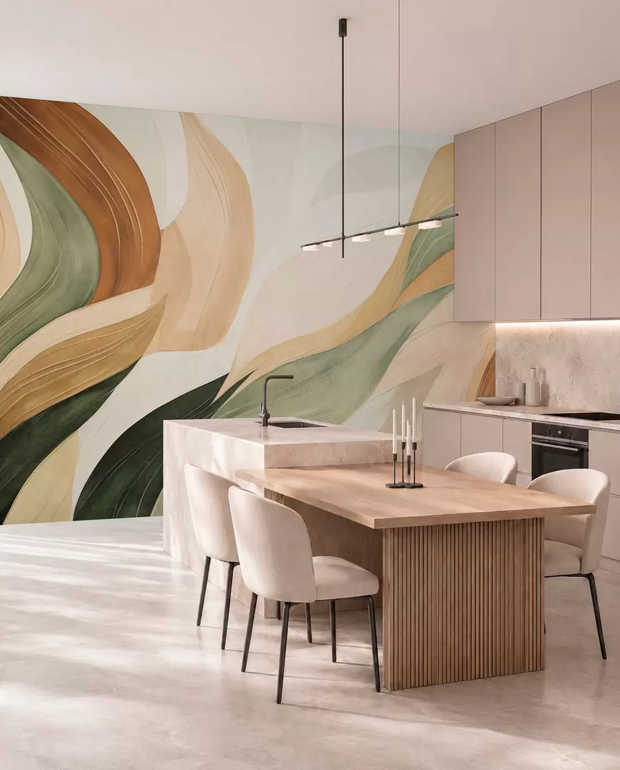Papier peint Des formes organiques abstraites dans des tons terreux de vert, marron et beige, aux textures fluides w09894