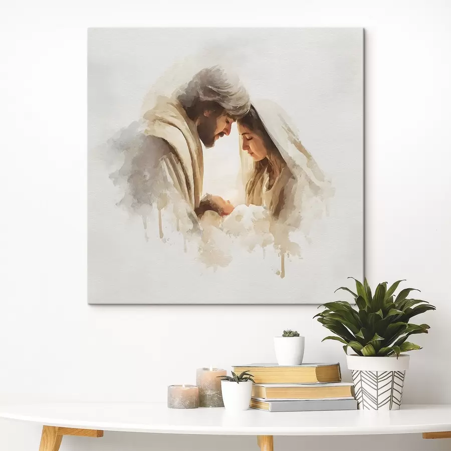 Tableau La Vierge Marie et Joseph avec l'Enfant Jésus, dans un style aquarelle s49422
