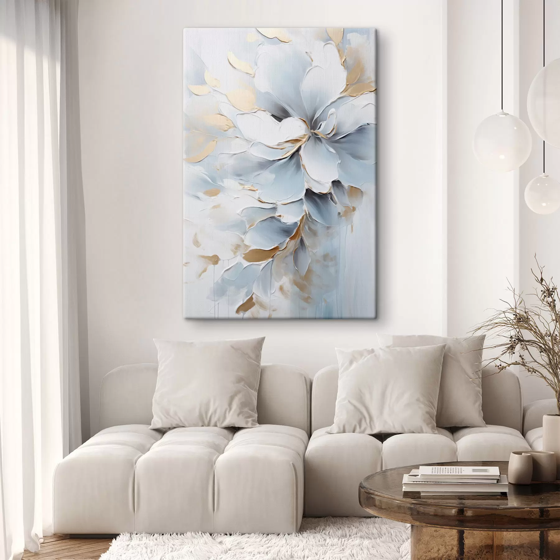 Tableau Fleurs blanches et bleu clair, style pictural aux touches texturées s49463
