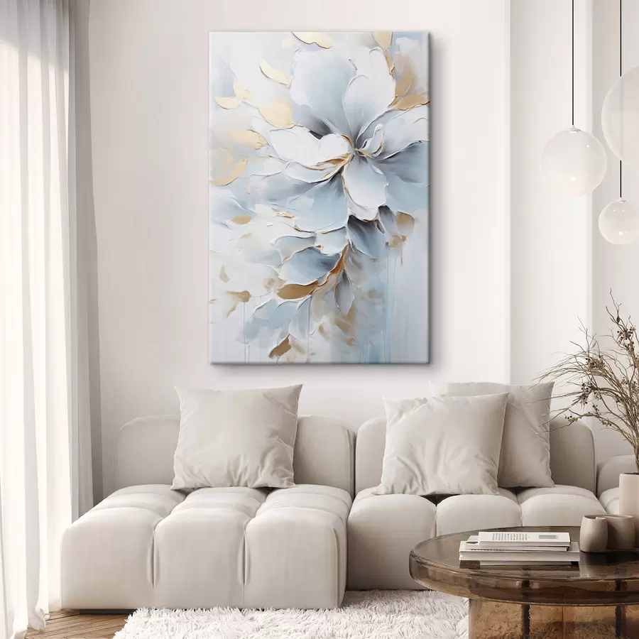 Tableau Fleurs blanches et bleu clair, style pictural aux touches texturées s49463