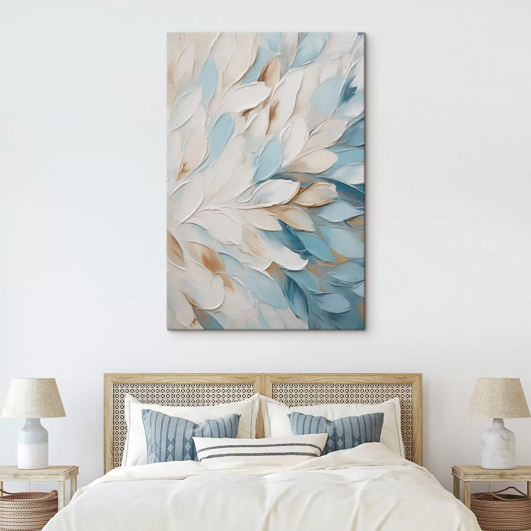 Tableau Peinture abstraite texturée imitant des coups de pinceau en blanc, bleu et beige s49465