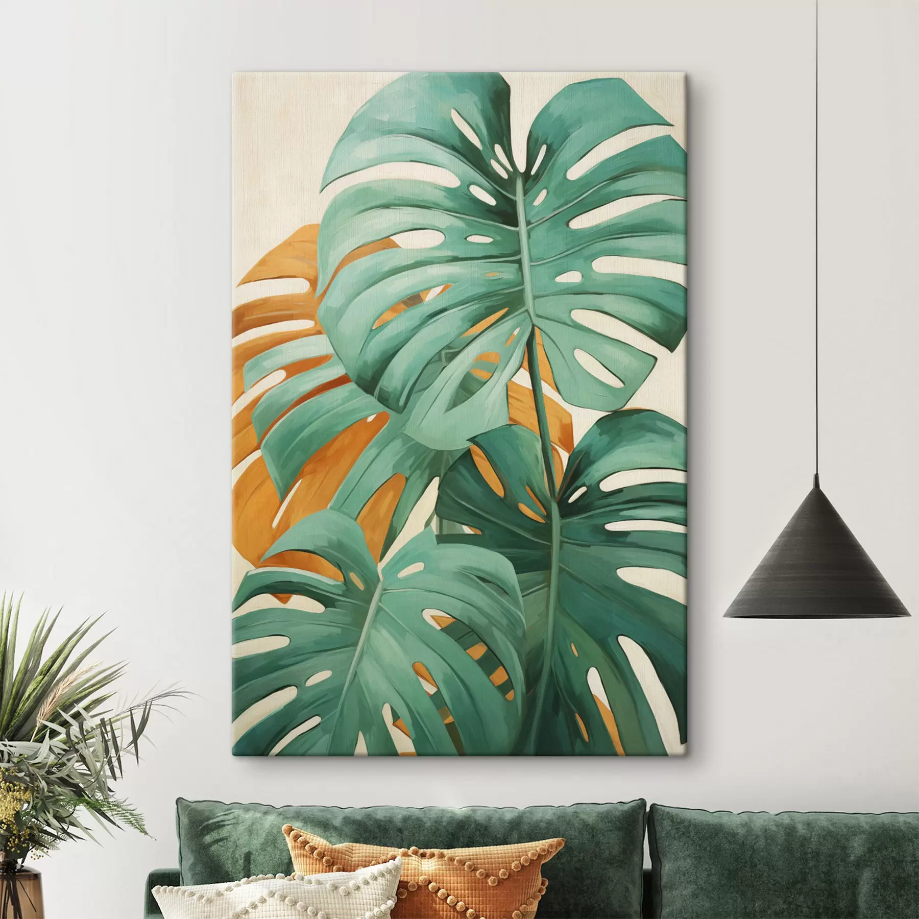 Tableau Grandes feuilles de monstera, œuvre d'art minimaliste et texturée s49468