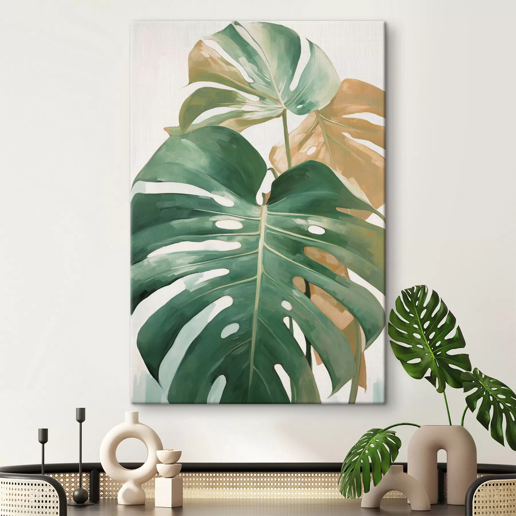 Tableau Grandes feuilles de monstera, œuvre d'art minimaliste et texturée s49469