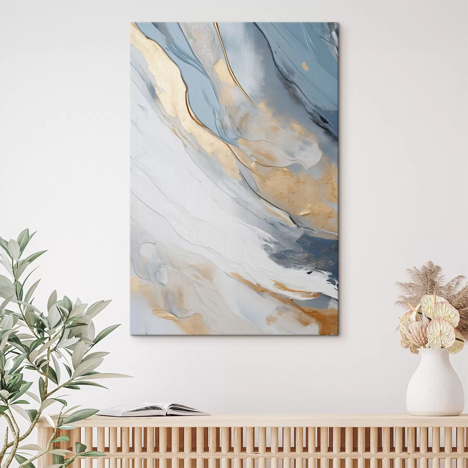 Tableau Œuvre d'art abstraite aux lignes fluides bleues et à la texture riche s49475