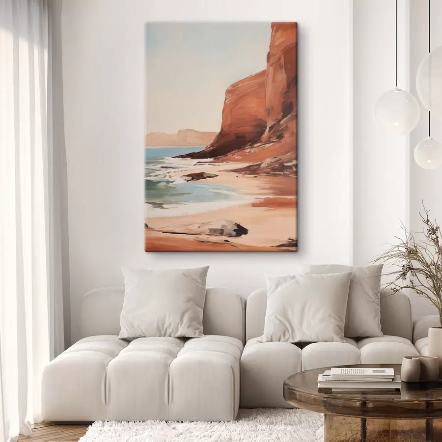 Tableau Paysage avec des falaises et des vagues qui viennent s'écraser sur une plage de sable, avec une mer calme s49476