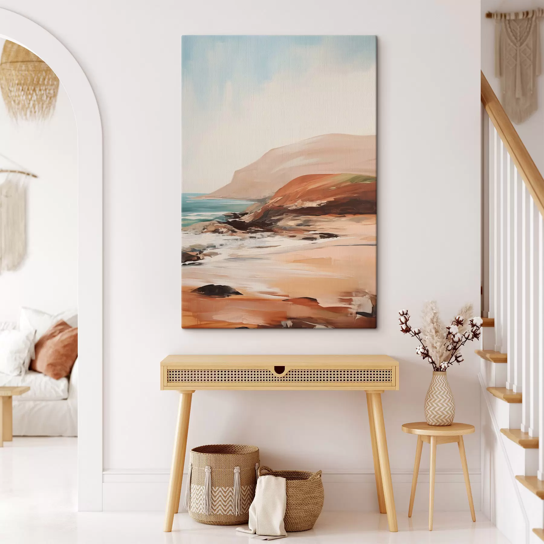 Tableau Paysage avec des falaises et des vagues qui viennent s'écraser sur une plage de sable, avec une mer calme s49477