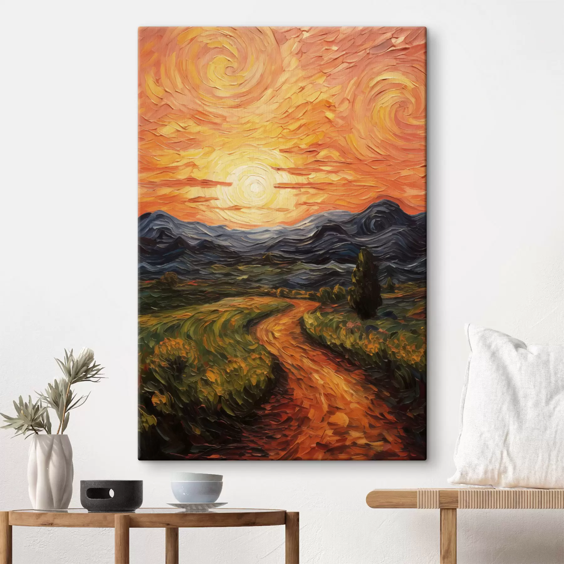 Tableau Paysage éclatant, ciel orange et jaune avec un soleil, illustration stylisée et texturée s49478