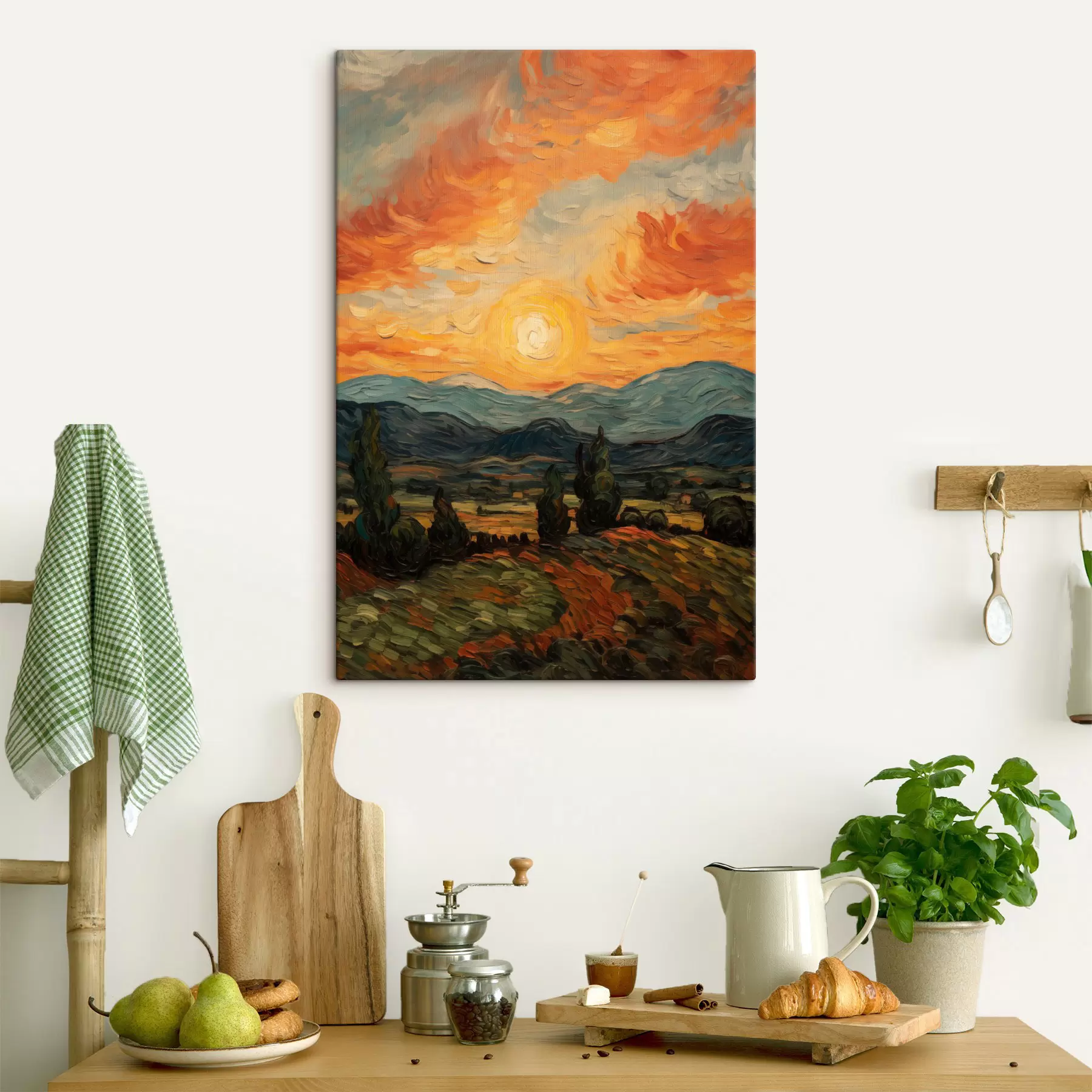Tableau Paysage éclatant, ciel orange et jaune avec un soleil, illustration stylisée et texturée s49479