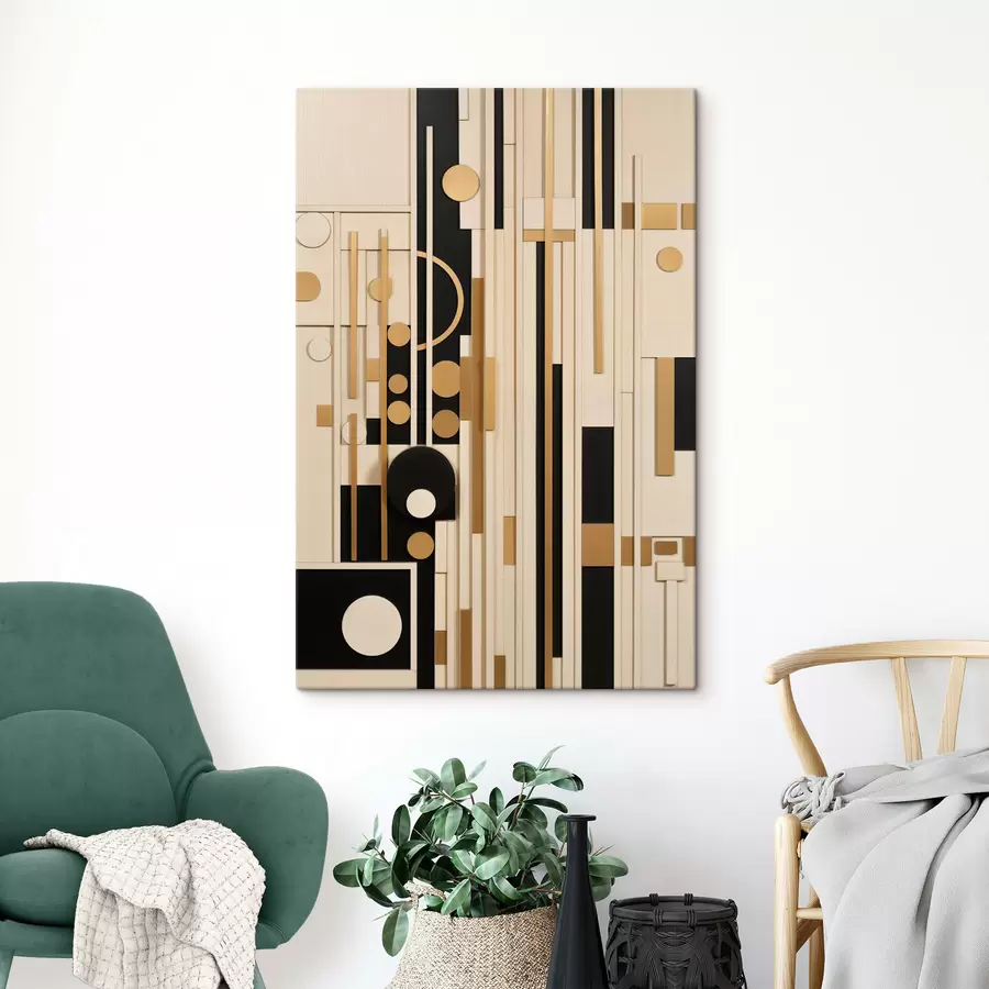 Tableau Une composition géométrique abstraite composée de cercles, de rectangles et de lignes verticales s49482