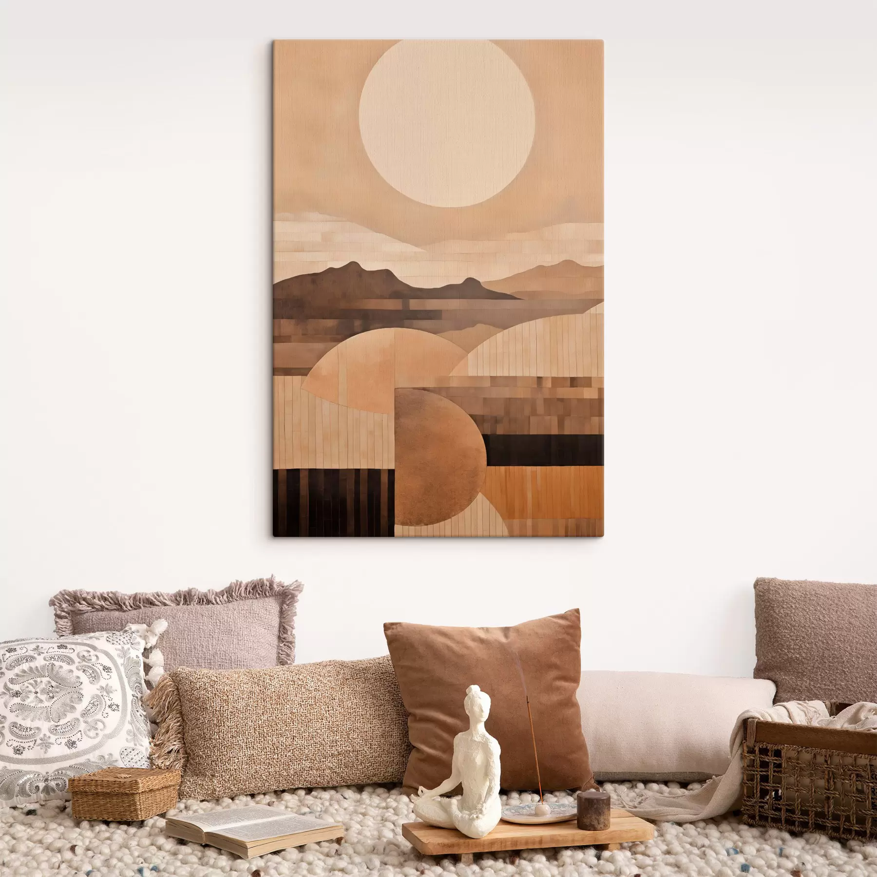 Tableau Un paysage minimaliste aux formes géométriques, avec des montagnes aux tons sépia s49484