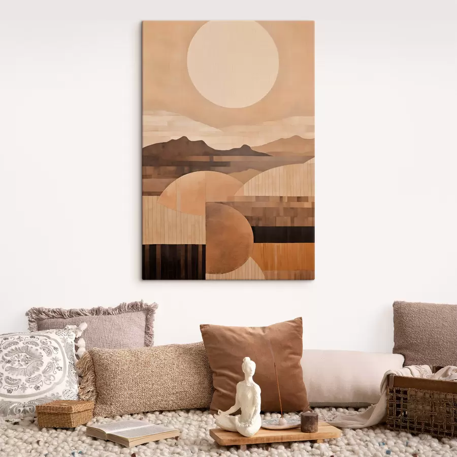 Tableau Un paysage minimaliste aux formes géométriques, avec des montagnes aux tons sépia s49484