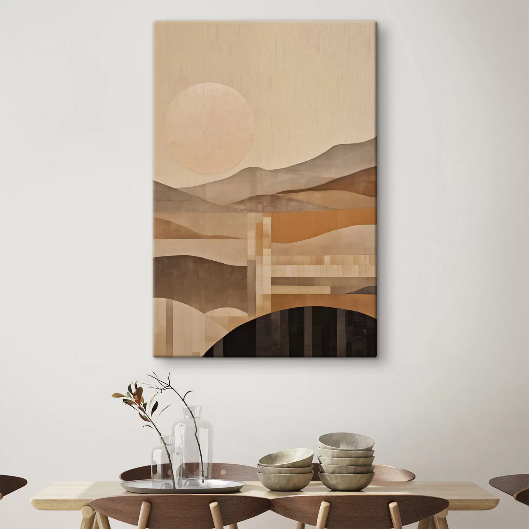 Tableau Un paysage minimaliste aux formes géométriques, avec des montagnes aux tons sépia s49485