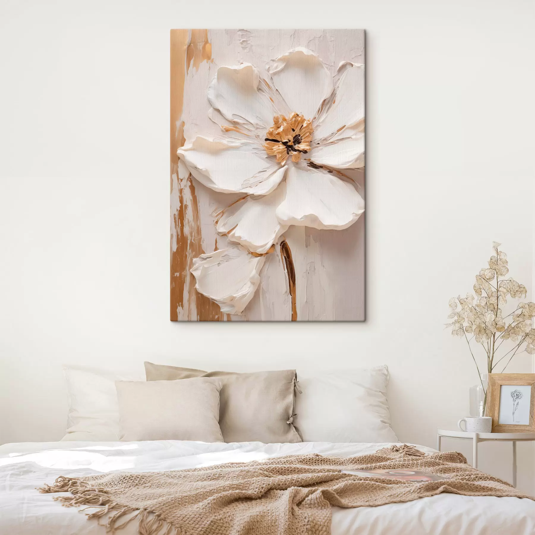 Tableau Fleur blanche texturée aux pétales délicats sur fond abstrait s49486