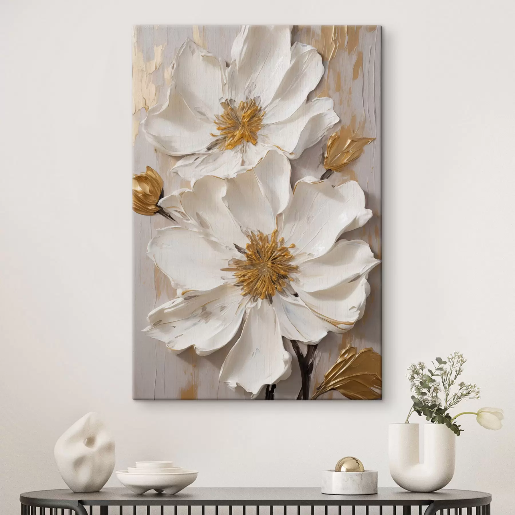 Tableau Fleurs blanches texturées aux pétales délicats sur fond abstrait s49487