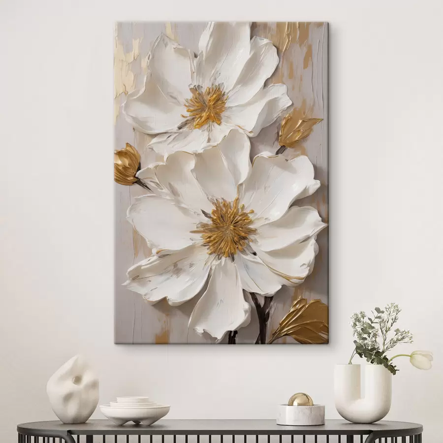 Tableau Fleurs blanches texturées aux pétales délicats sur fond abstrait s49487