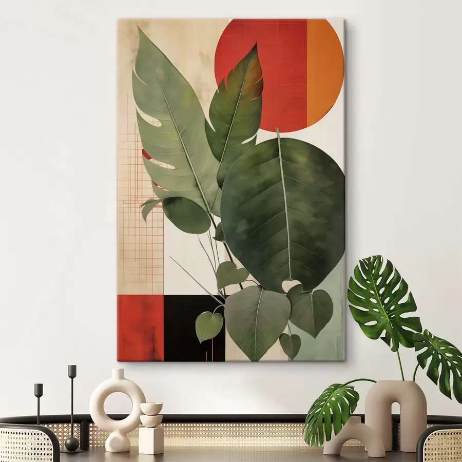 Tableau De grandes feuilles sur un fond géométrique, dans un style d'art moderne abstrait s49490