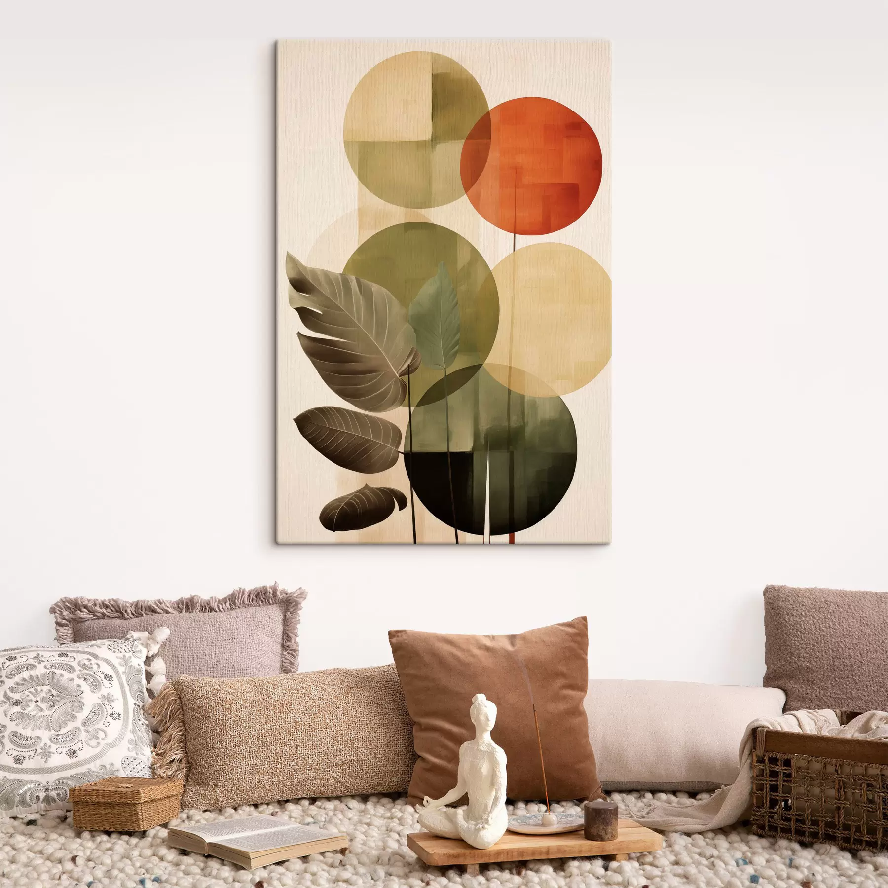Tableau Des feuilles sur fond géométrique, dans un style d'art moderne abstrait s49491