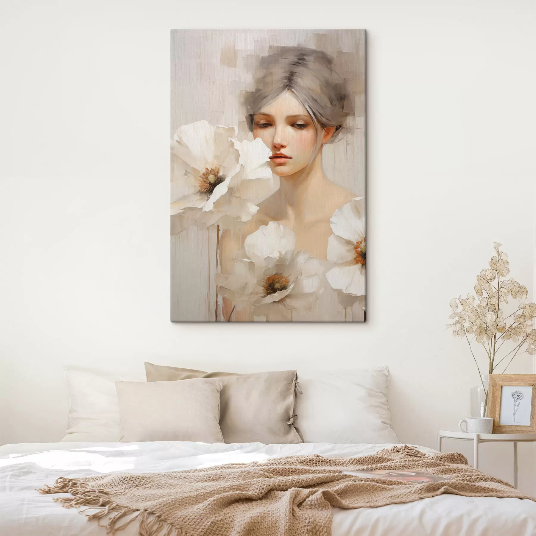 Tableau Portrait d'une femme avec de grandes fleurs blanches, sur un fond abstrait clair s49494