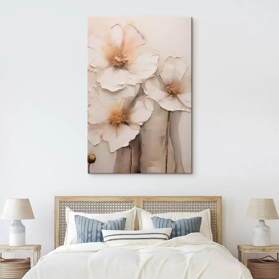 Tableau De grandes fleurs blanches, sur un fond abstrait clair s49495